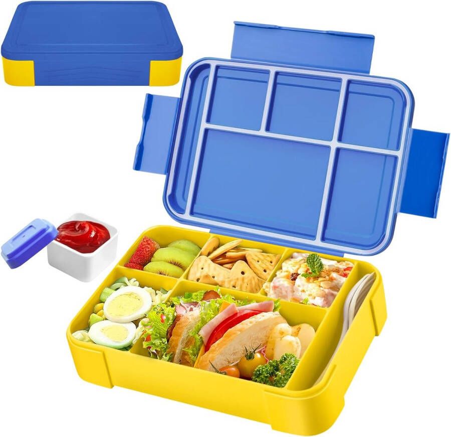 Kinderbroodtrommel met vakken 1330 ml lunchbox voor kinderen met 6 onderverdelingen en een aparte sausbox BPA-vrije bentobox perfect voor kleuterschool en school (blauw)