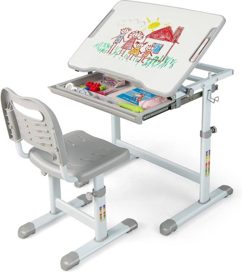 Kinderbureauset in hoogte verstelbaar kindertafel en stoel met kantelbaar tafelblad en lade multifunctioneel kinderbureau voor jongens en meisjes (grijs)