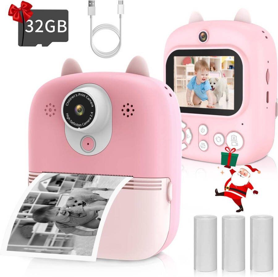 Kindercamera 2 4 inch instant kindercamera met 32 ​​GB SD-kaart en printpapier 12 MP 1080 P HD camcorder digitale camera voor kinderen geschenken voor 3-12 jaar oud