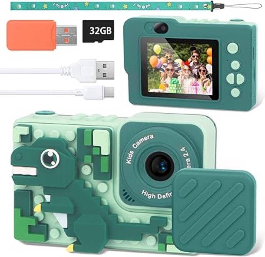 Kindercamera Dinosaurus-camera 1080P 2 4 inch Scherm Inclusief 32 GB SD-kaart Perfect Kerstspeelgoed voor Jongens van 6 tot 12 Jaar
