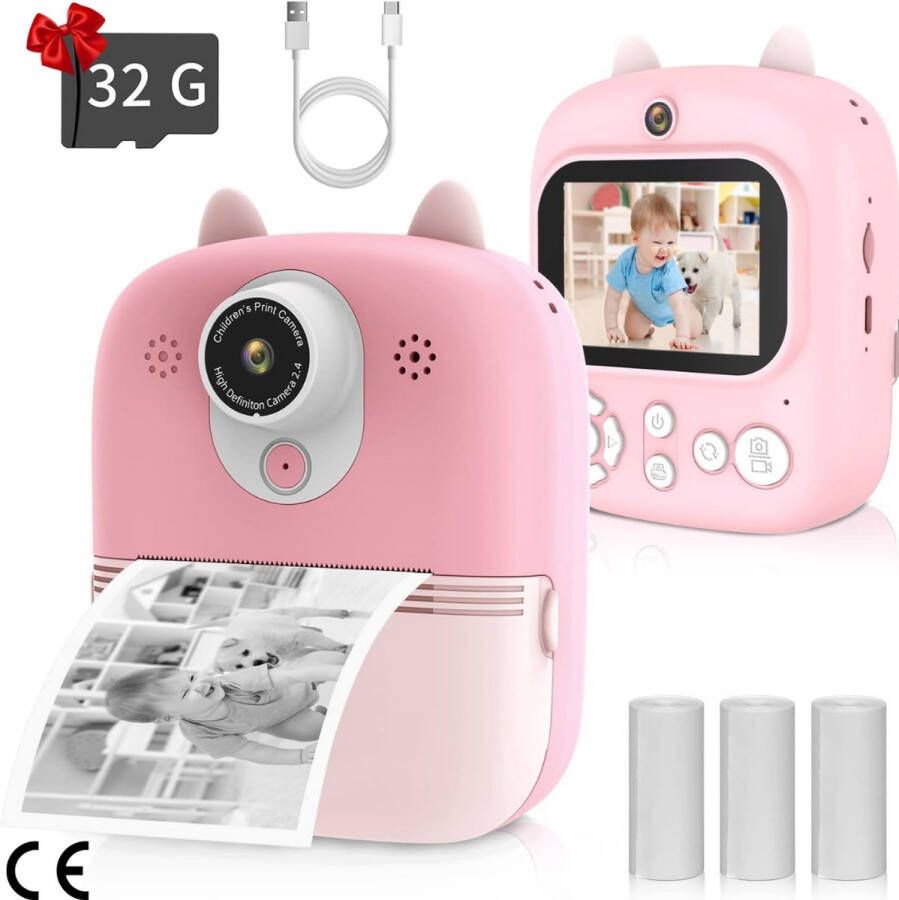 Kindercamera met 2 4 inch Scherm Inclusief 32 GB SD-kaart en Printpapier 12 MP 1080P HD Camcorder Digitale Camera voor Kinderen Geschenken voor 3-12 jaar oud