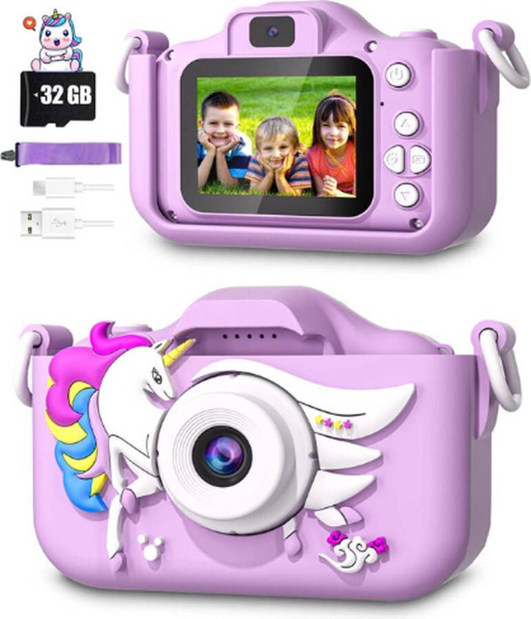 Kindercamera Speelgoed Camera Paars 1080P 32GB Siliconen Beschermhoes USB Oplaadbaar