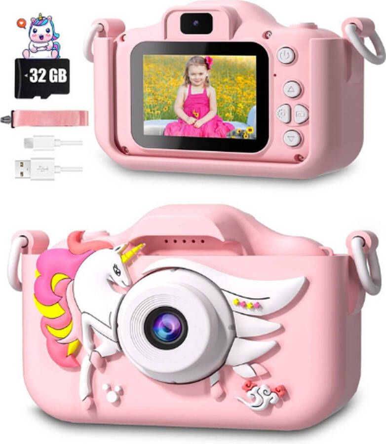 Kindercamera Speelgoed Camera Roze 1080P 32GB Siliconen Beschermhoes USB Oplaadbaar