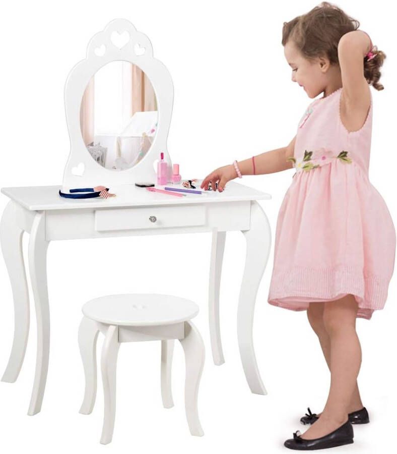 Kinderen kaptafel en stoel set prinses make-up kaptafel met lade en spiegel 2-in-1 make-up tafel set met afneembare bovenkant doen alsof schoonheid spelen ijdelheid set voor meisjes (Wit)