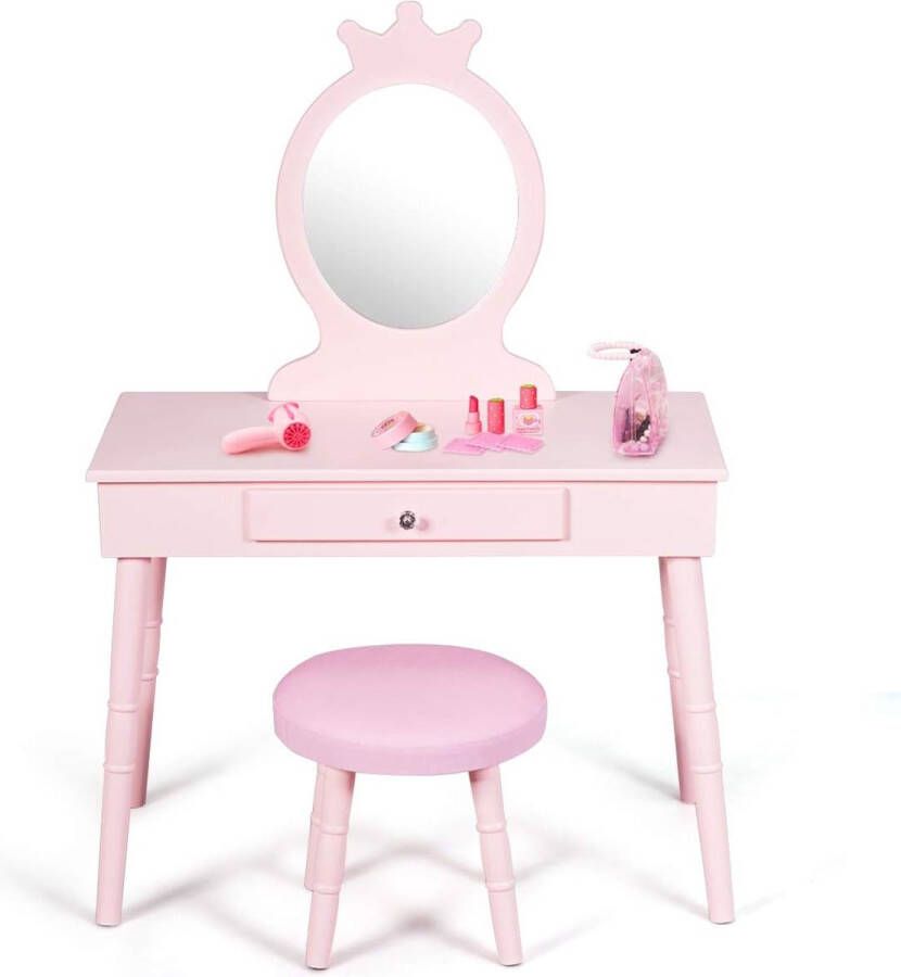Kinderen kaptafel set Princess kaptafel en stoel set make-up kaptafel met lade en kussentje kaptafel met echte spiegel voor kleine meisjes (Roze)