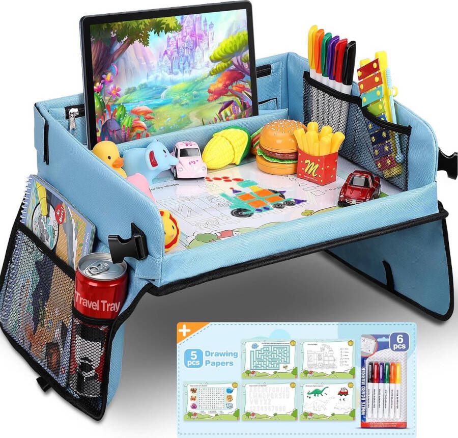 Kinderen's Schoottafel Reistafel met 5 Afbeeldingen + 6 Penselen Tekenen op Wasbaar Schilderbord Multifunctioneel Speelgoed Draagbare Tray Verstelbare Kinderstoel Blauwe Autostoel voor Kinderen