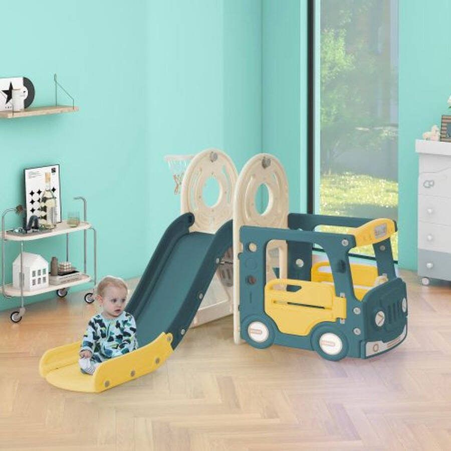 Kinderglijbaan 4-in-1 kinderglijbaan set inclusief bus glijbaan trap en basketbal ring met basketbal green