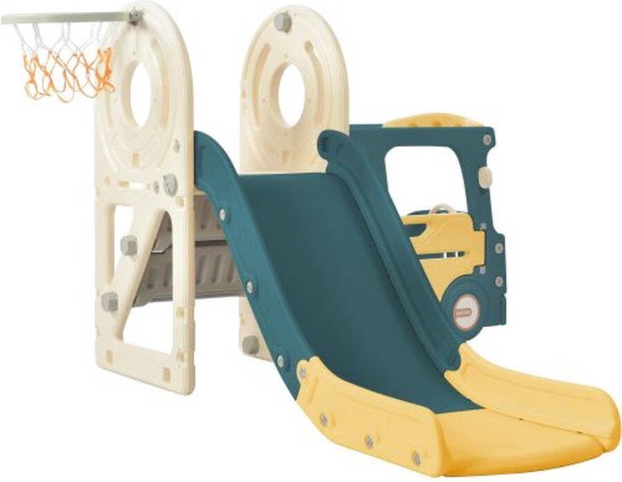 Kinderglijbaan. 4-in-1 kinderglijbaanset met bus glijbaan activiteitenladder basketbalring en bijpassende basketbal. Gemaakt van polyethyleen met hoge dichtheid. Bijzonderheid