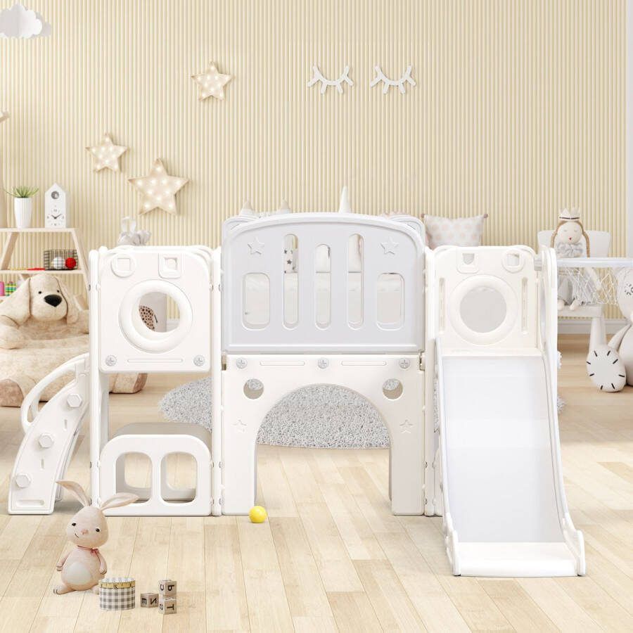 Kinderglijbaan Glijbaanset kinderglijbaancombinatie incl. Eén glijbaan twee platforms kasten met twee verdiepingen basketbalring en trappen verjaardagscadeau