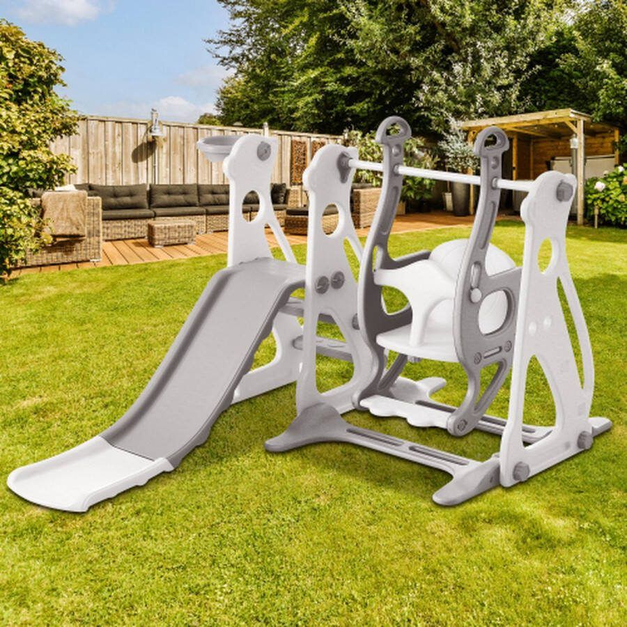 Kinderglijbaan met schommel 4 in 1 kinderglijbaan glijbaan trappenhuizen schommel basketbalframe schommelglijbaan voor binnen grijs