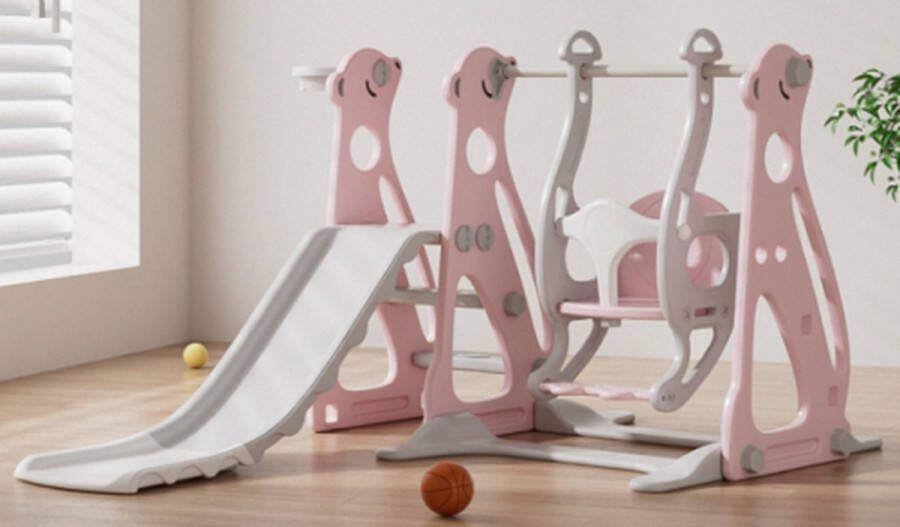Kinderglijbaan met schommel 4 in 1 kinderglijbaan glijbaan trappenhuizen schommel basketbalframe schommelglijbaan voor binnen gray