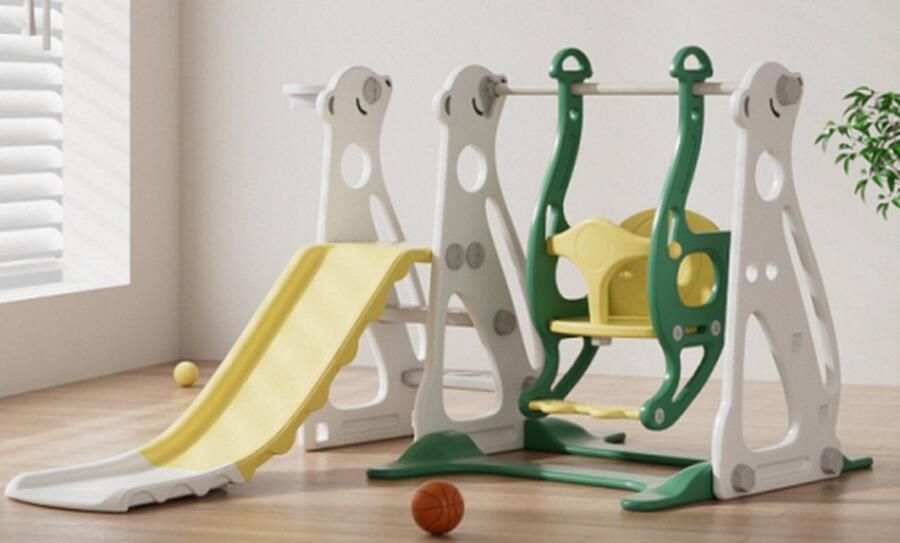 Kinderglijbaan met schommel 4 in 1 kinderglijbaan glijbaan trappenhuizen schommel basketbalframe schommelglijbaan voor binnen green