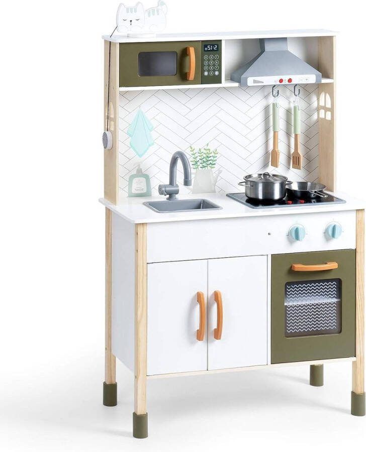 Kinderkeuken hout met licht en geluid- Keukenspeelgoed set met accessoires- Afzuigkap magnetron- Voor kinderen en peuters vanaf 3 jaar Speelgoed keuken