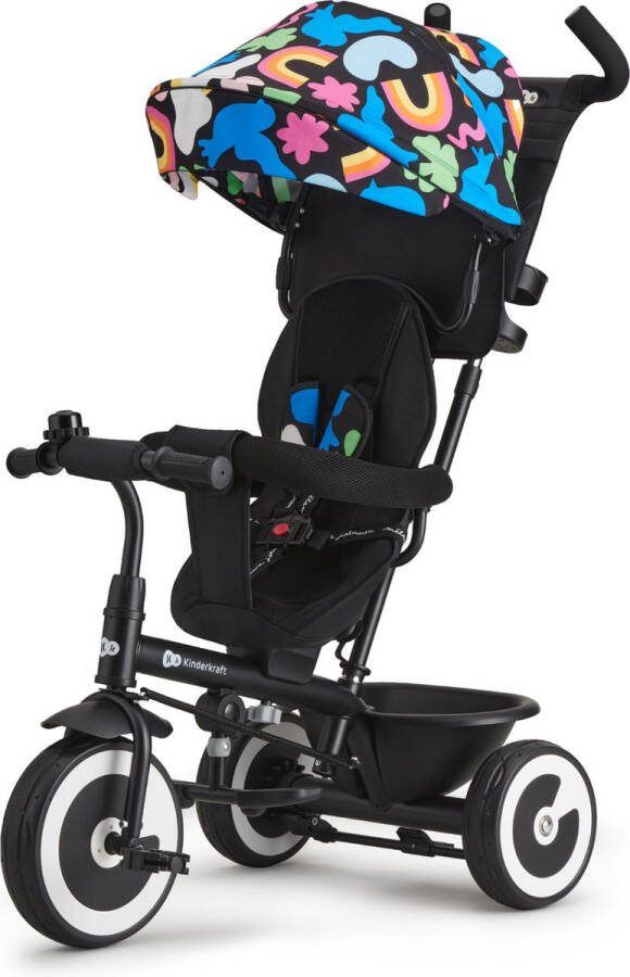 Kinderkraft ASTON driewieler voor kinderen van 9m-5 jaar draaibare zitting vrijloopfunctie inklapbare kap verstelbare duwstang veilige riemen lekvrije wielen praktische accessoires ideaal voor wandelingen Happy Shapes