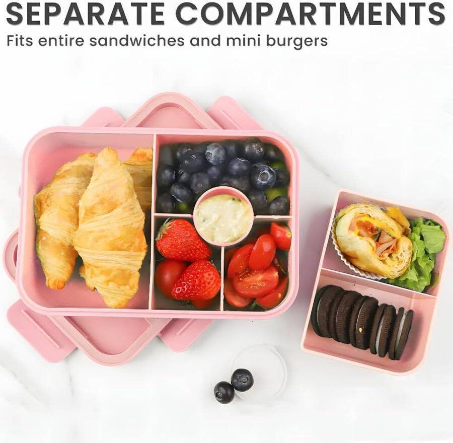 Kinderlunchbox met vakken 1300 ml 3 stuks kinderlunchbox lekvrij met 4 vakken Bento Box lunchbox met vakken voor kinderen volwassenen ontbijtbox lunchbox voor jongens en meisjes roze