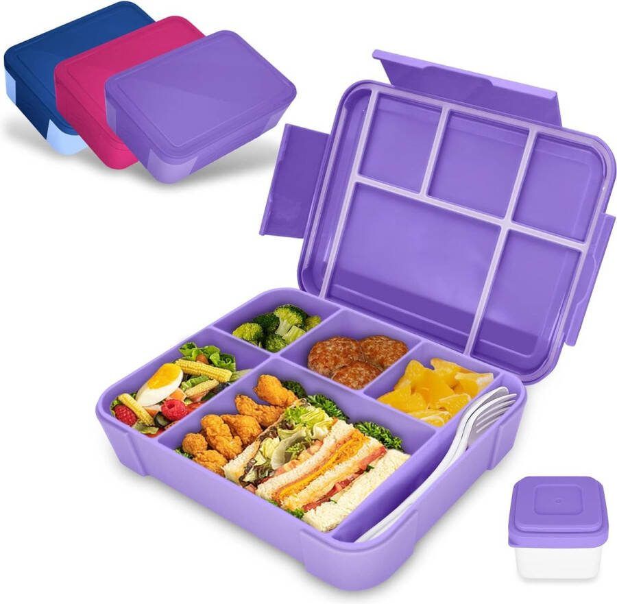 Kinderlunchbox met vakken 1300 ml lunchbox kinderen lekvrije bentobox kinderlunchbox voor kleuterschool en school (paars)