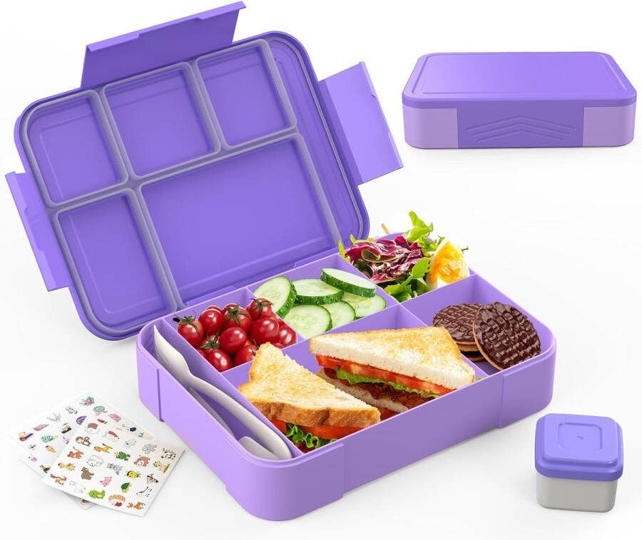 Kinderlunchbox met vakken 1300 ml lunchbox voor kinderen Bento Box met 5 vakken bestekset lekvrije lunchbox voor kleuterschool school picknick uitstapjes (paars)