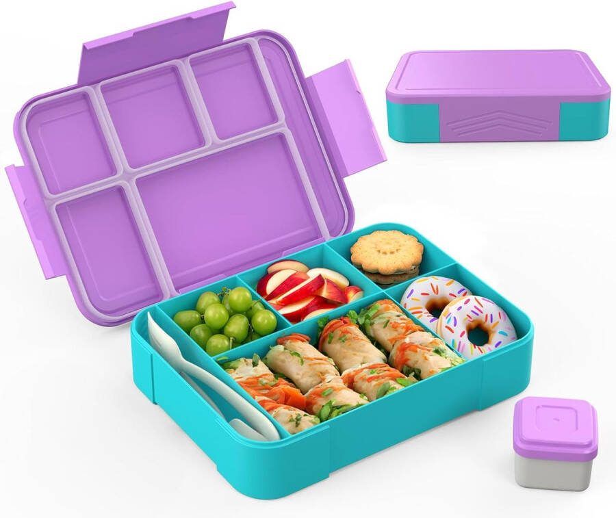 Kinderlunchbox met vakken 1300 ml lunchbox voor kinderen lekvrije lunchbox met 5 vakken snackbox voor meisjes en jongens perfect voor school kinderdagverblijf (Macaron paars)