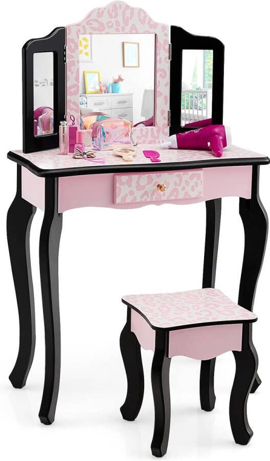Kindermake-uptafel met kruk 2-in-1 kaptafel bureau met drievoudig inklapbare spiegel afneembare plaat en lade make-upcommode in prinsessenstijl (luipaard)
