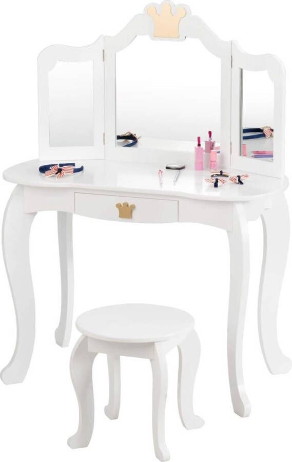 Kindermake-uptafel met kruk en afneembare spiegel meisjeskaptafel van hout kindertafel met lade spiegeltafel 80 x 42 x 105 cm (wit)