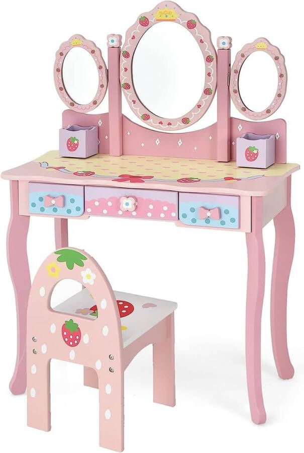 Kindermake-uptafelset prinses kaptafel met inklapbare spiegel make-upkruk en 3 laden make-uptafel kaptafel voor kinderen en meisjes (roze)