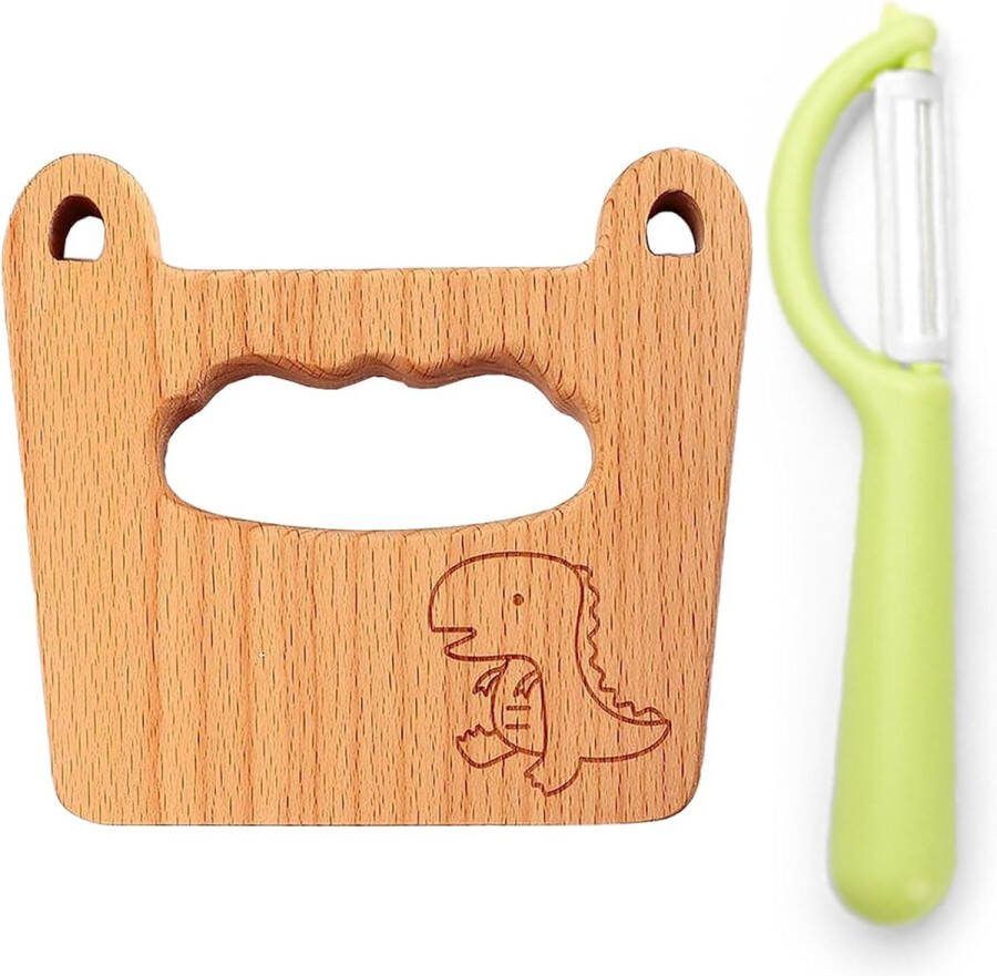 Kindermessen keukenmessenset voor het snijden en koken van groenten of fruit voor peuters inclusief houten mes dunschiller mes vanaf 2 jaar (grote dinosaurus)