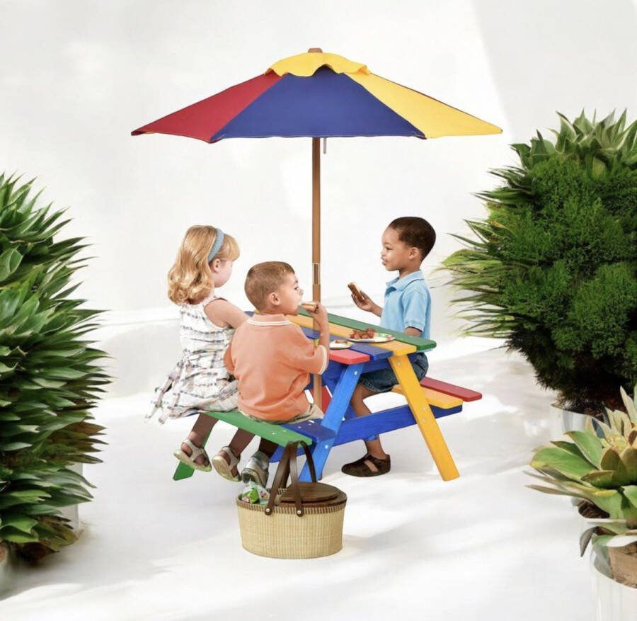 Kindermeubel van dennenhout picknicktafel met bank voor kinderen met parasol kinderzitgroep voor 4 peuters geschikt voor binnen en buiten tuin balkon strand (model 1)