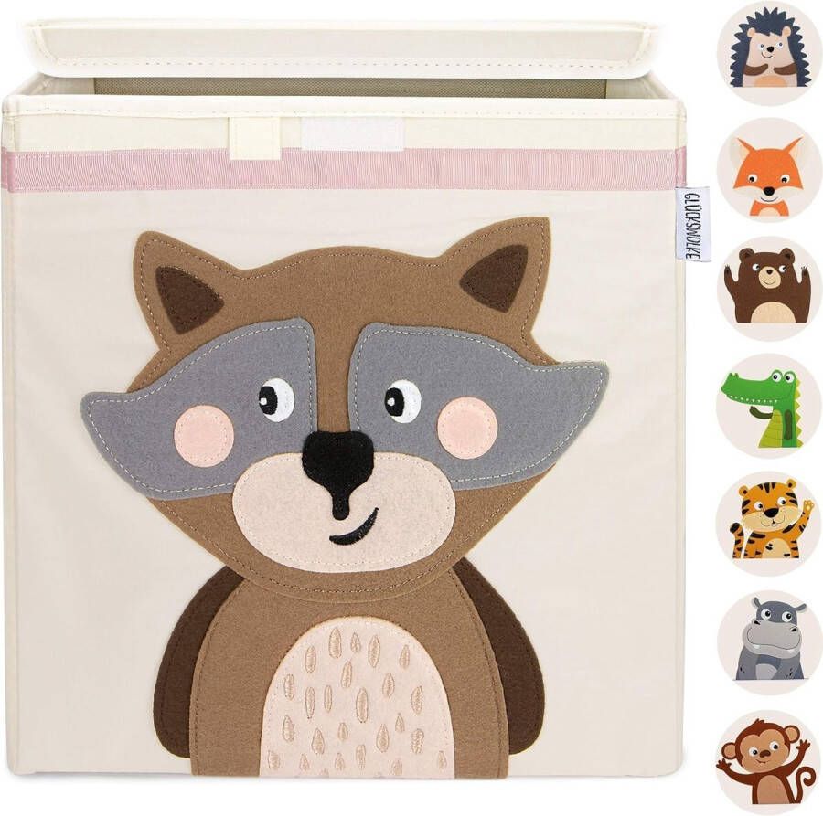 Kinderopbergdoos 15 motieven speelgoedkist met deksel voor kinderkamer speelgoeddozen (33 x 33 x 33) voor het opbergen op Kallax plank bosdierenmotief (Wanda wasbeer)