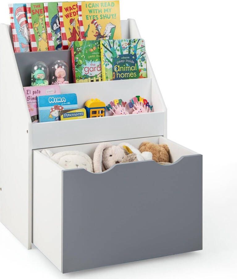 Kinderrek met 3 planken en rollende speelgoedkist multifunctionele boekenplank voor kinderen ideaal voor kinderkamer kleuterschool