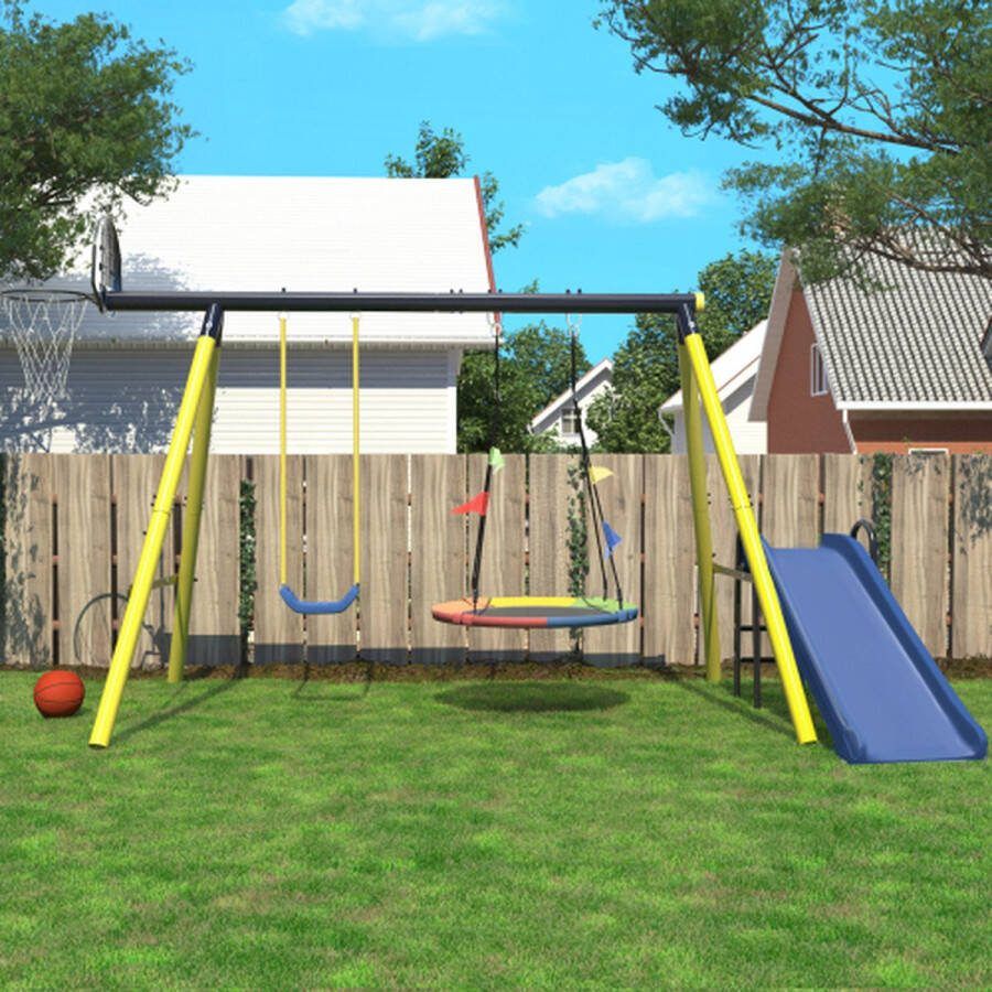 Kinderschommel Set met Metalen Frame Nestboom Schommel Plastic Enkele Schommel Basketbal Mand Glijbaan Achtertuin Speeltuin Buitenspeelplaats voor Kinderen van 3 tot 8 Jaar Geel