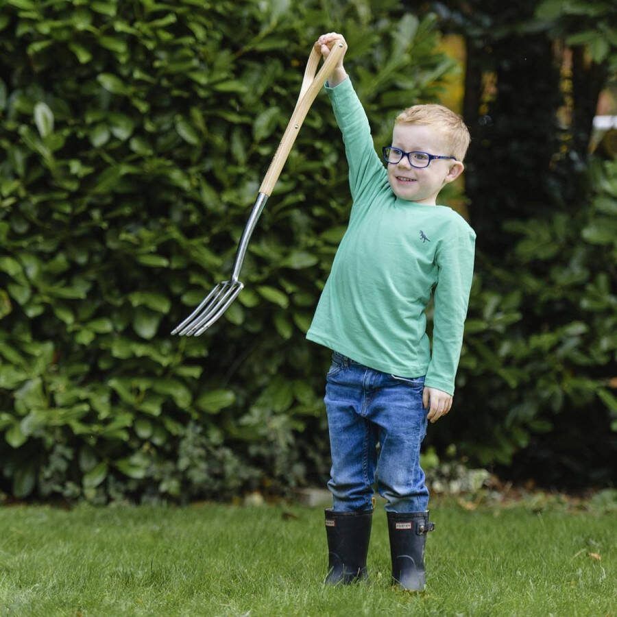 Kinderspatvork – lichte tuinfork voor kinderen van roestvrij staal kleine hooivork met steel van essenhout lengte: 71 cm