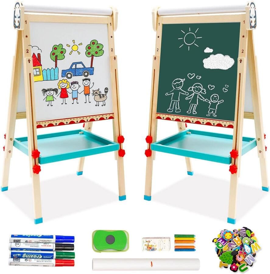 Kinderspeelbord van hout met papieren rol dubbelzijdig whiteboard en schildersezel met cijfers en andere accessoires voor kinderen en peuters (pinguïn)