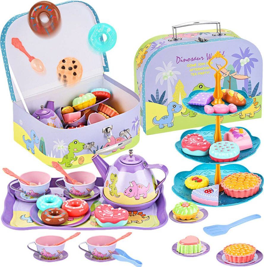 Kinderspeelgoed Afternoon Tea Set 42-delig Prinses Afternoon Tea Dinosaurus Thema Wordt geleverd met desserts en draagtas Keukenspeelgoed Speelgoed voor 3-jarige meisjes