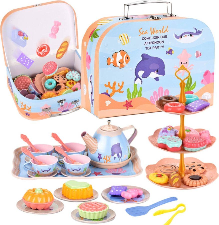 Kinderspeelgoed Afternoon Tea Set 45-delig Prinses Afternoon Tea Maritiem thema Wordt geleverd met desserts en draagtas Keukenspeelgoed Speelgoed voor 3-jarige meisjes