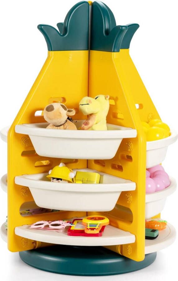 Kinderspeelgoedrek draaibaar kinderkamerrek met 8 kunststof opbergdozen in ananasvorm 3 niveaus speelgoedopslag 74 x 74 x 106 cm