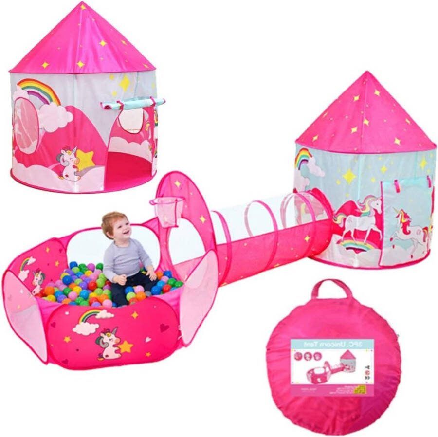 Kinderspeeltent en tunnel pop-up set opvouwbaar 3-in-1 kindertent huis eenhoorn speelhuis ballenbak tuin jongens meisjes binnen buiten draagtas speelhuis voor peuters