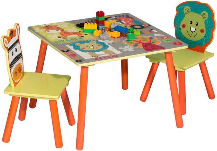 Kindertafel en 2 Stoeltjes Dieren Kindermeubel Tafel Tafeltje voor Peuter Kleuter & Kinderen Hout Gekleurd Dieren