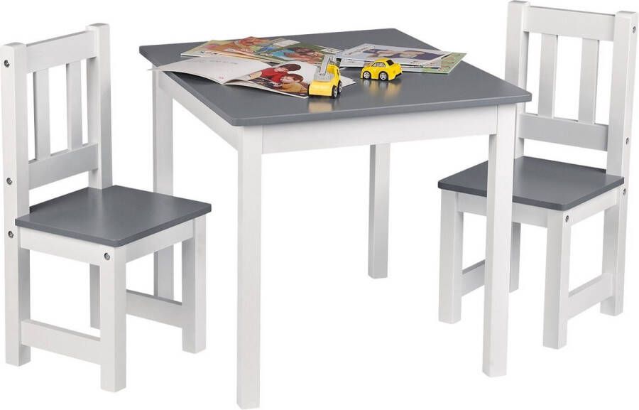 Kindertafel en 2 Stoeltjes Kindermeubel Tafel Tafeltje voor Peuter Kleuter & Kinderen Hout Grijs + Wit