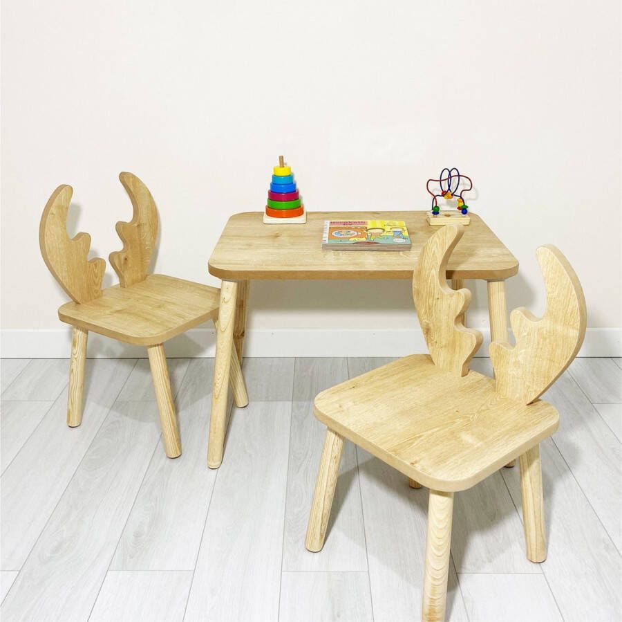 Eethoek set kinderen Kinderbureau Kinderstoelen Speeltafel Kindertafel met 2 Stoelen Hertentafel en stoelen met hertenoren Hoogwaardig hout