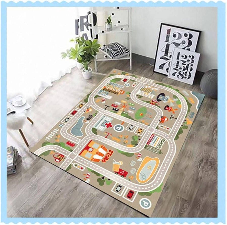 Kindertapijt Speeltapijt Straatauto Dierenuniversum Blauw Groen Grijs(Maat: 80×120cm)