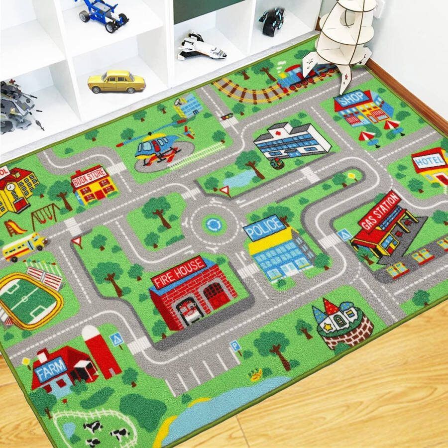 Kindertapijten speeltapijt voor kinderen stad 160 x 100 cm antislip kindertapijt speelmat machinewasbaar korte pool pedagogisch speeltapijt voor kinderkamer speelkamer decoratie