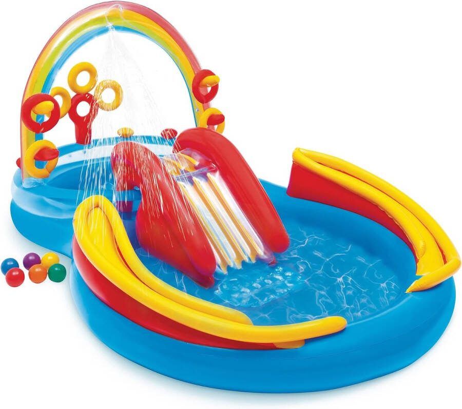 Kinderzwembad met Glijbaan Rainbow Ring Waterspeelset 297cm x 193cm x 135cm Opblaasbaar zwembad met glijbaan