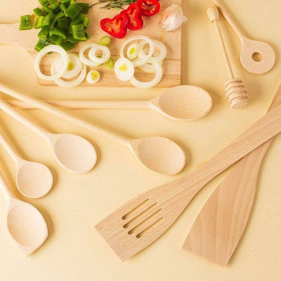 Kitchen 9-delige Keukengereedschapset Hout Beuk Groot Klein (6x Kooklepels 18 cm 35 cm Lengte 2x Spatel Honinglepel)