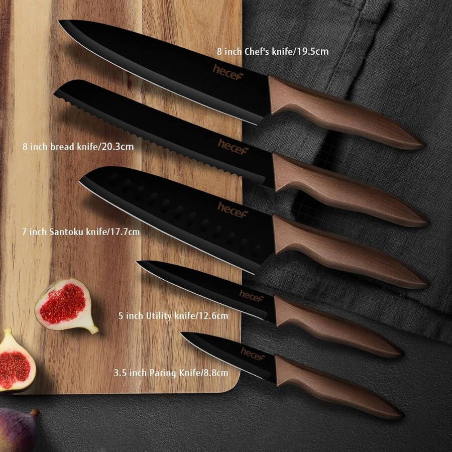 Kitchen Knife Set Stainless Steel Non Stick Black Colour Coating Blade Knives Includes 8'' Chef Knife 8'' Bread Knife 7'' Santoku Knife 5''Utility Knife and 3.5'' Paring Knife