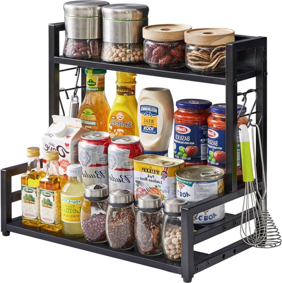 Kitchen Rack Wooden Cabinet Spice Rack with 2 Levels for Spice Bottles and Oil Bottles Black