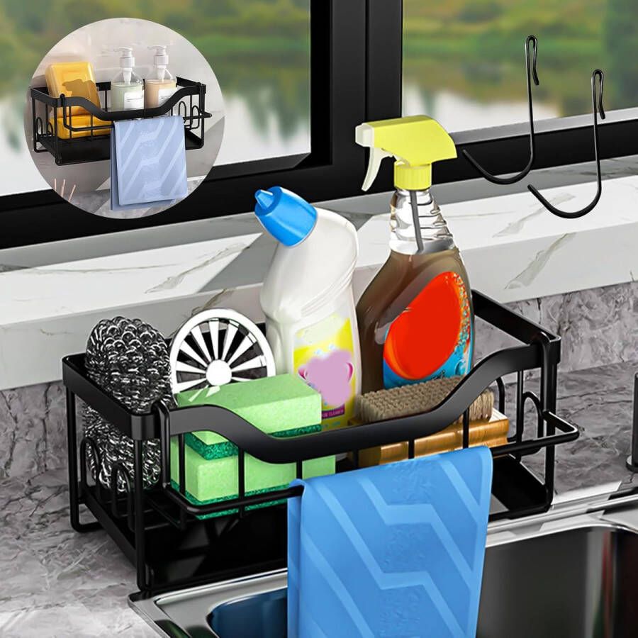 Kitchen Sink Organizer Zwart Multifunctioneel 2 in 1 Keukenafvoer Plank Geen Boren Sponshouder Keuken Droogrek Afvoerpan voor Spons Gootsteen Stopper Borstel en Doek