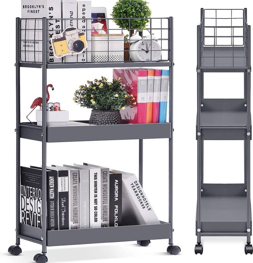 Kitchen Trolley with 3 Levels Narrow Rolling Trolley Recess Shelf on Wheels Space-Saving Kitchen Shelf and Bathroom Shelf All-Purpose Trolley for Small Limited Spaces Kitchen Office