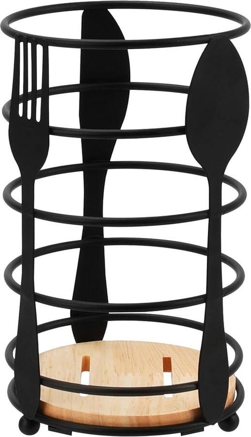 Kitchen Utensil Holder Stainless Steel with Wooden Base Cooking Spoon Holder Cutlery Organizer Black spatelpot