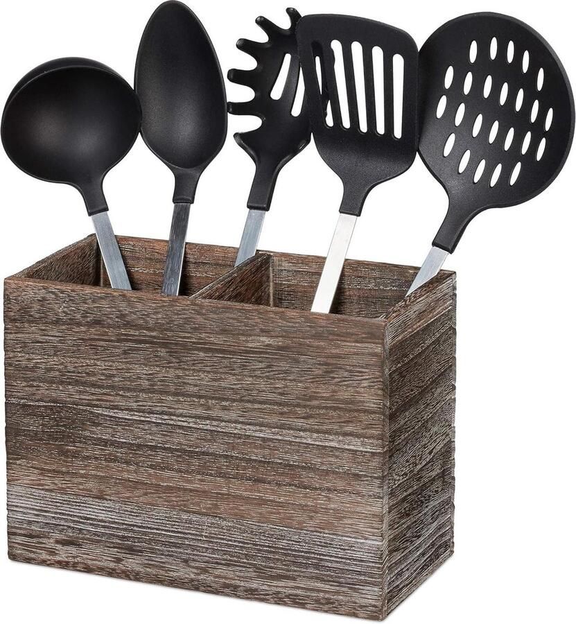 Keukengerei houder met 2 vakken van hout Organisator voor keukengereedschap en bestek HBD 17x24x12 cm donkerbruin