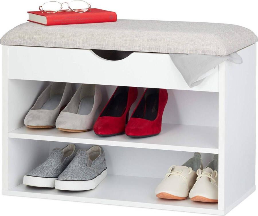 Klapbare schoenenbank met kussen 3 vakken wit 45 x 62 x 30 cm